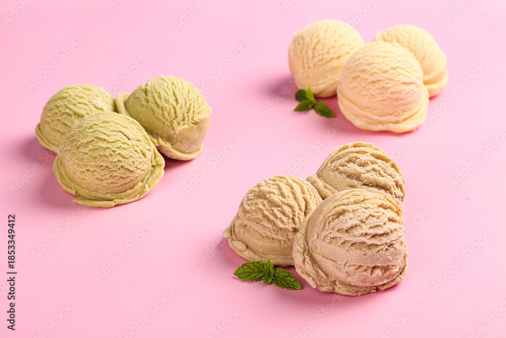 Fototapeta premium Assorted Ice Cream Scoops on Pink Background