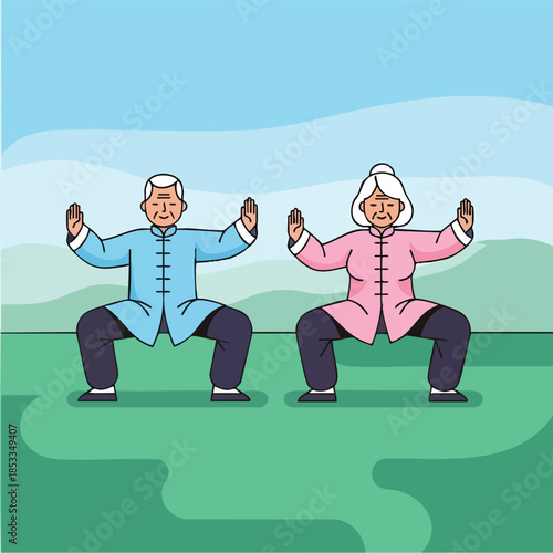 Elderly couple practicing tai chi outdoors in green nature environment with hills.