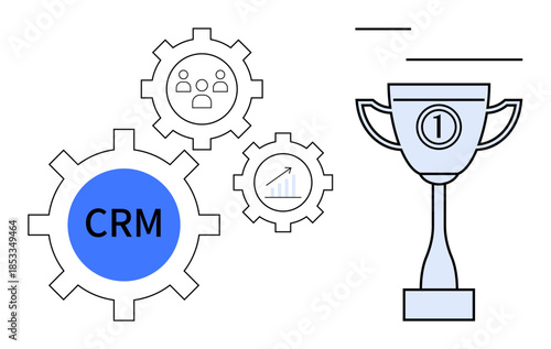 CRM concept. CRM through gear icons with goals, performance, and customer management elements. CRM plays a crucial role in enhancing business strategy and success. Ideal for strategy, management