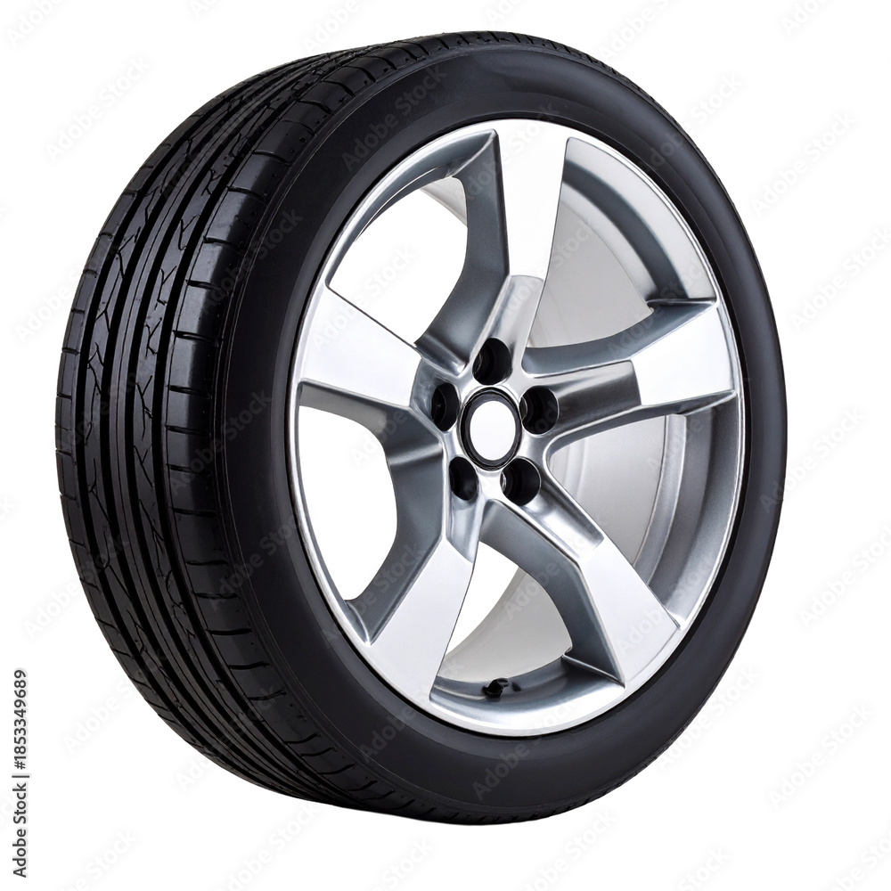 Obraz premium Car tire with silver alloy rim on white background