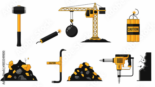 Heavy industry vector equipment collection demolition, construction, and mining tools
