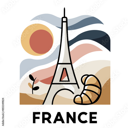 Colorful Illustration of French Travel Symbols with Tower and Croissant