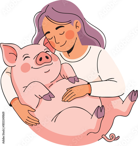 Woman hugs smiling pink pig, showing affection and love in an illustration.
