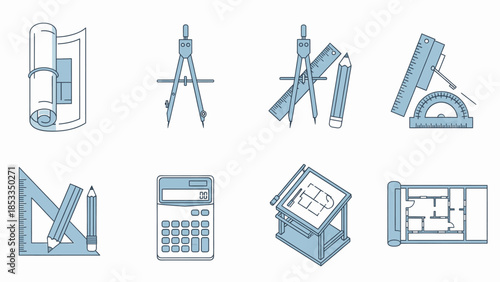 Set of architectural and engineering tools and blueprints for design and planning