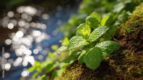 Fresh green mint plant leaves in natural organic garden setting with moss and bokeh water background. Medicinal herb for health wellness and aromatic essential oil therapy.