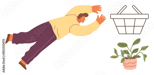 Person in mid-air reaching for an empty shopping basket, symbolizing ambition or online shopping. Ideal for consumerism, e-commerce, goals, motivation, decision-making, marketing, simple flat