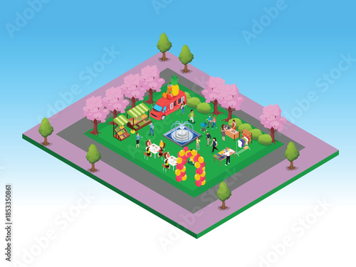 Isometric City Park Festival with Food Trucks, Market Stalls and People 3d vector illustration