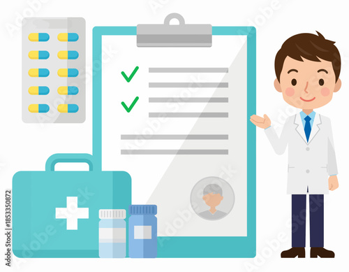 A friendly male doctor in a white coat stands next to a clipboard with a checklist and medical supplies.