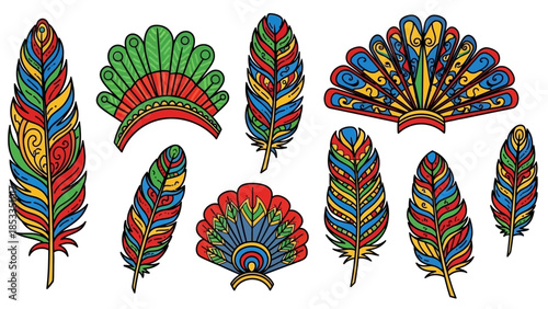 Colorful Hand-Drawn Feather Collection Intricate Designs for Decoration and Creative Projects