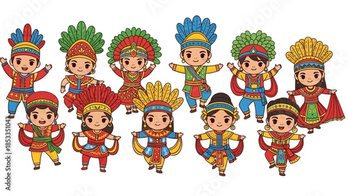 Festive Cartoon Characters in Colorful Costumes Celebrating a Cultural Dance Performance