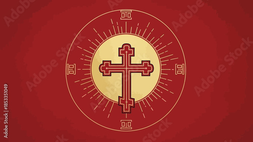 Golden Cross Symbol with Radiant Sun and Roman Numerals.