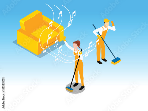 Isometric Professional Cleaners Sweeping Floor with Music and Yellow Sofa 3d vector illustration