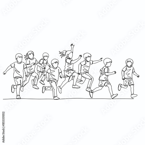 Continuous line drawing of a group of diverse children running and playing cheerfully