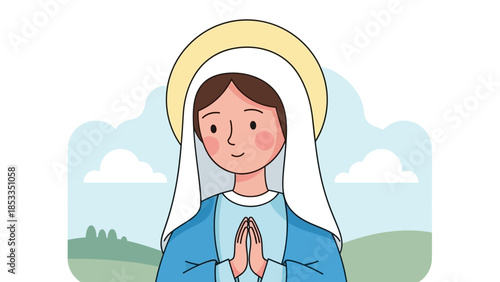 Illustration of Virgin Mary praying with halo and blue robe.