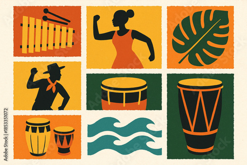 Afro-Ecuadorian Culture Icon Set with Marimba, Drums, Dance, Coastal Waves and Tropical Leaves in Vector
