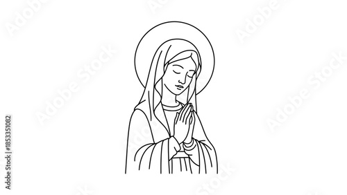 Illustration of the Virgin Mary praying with a halo above her head.