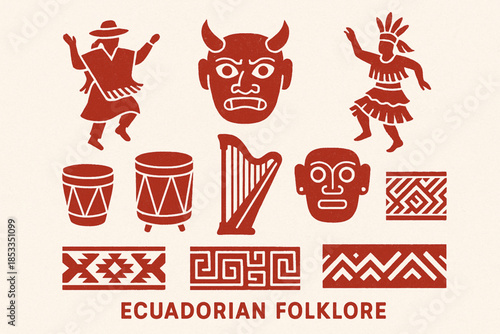 Ecuadorian Folklore Icon Set with Traditional Dance, Masks, Andean Drums, Harp and Textile Patterns in Vector
