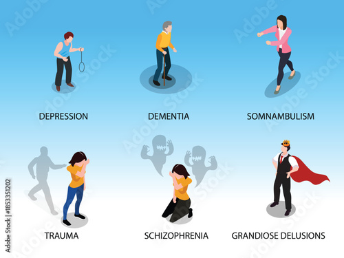 Mental Health Infographic on Grandiose Delusions and Psychosis Symptoms 3d vector illustration