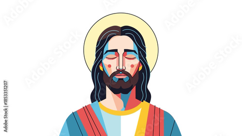 Jesus Christ with closed eyes and halo illustration.