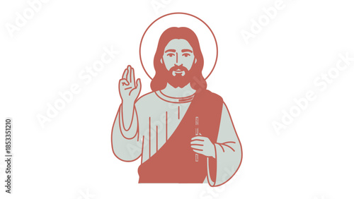 Jesus Christ illustration with halo and blessing gesture.