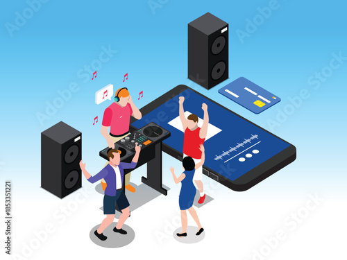 Isometric DJ Party and Online Music Streaming Concept with Mobile App 3d vector illustration