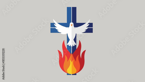 Christian Symbol of Holy Spirit Dove Flames and Cross.