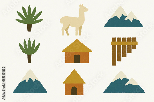 Ecuadorian Highlands Icon Set with Páramo Plants, Alpaca, Icy Mountains, Andean Huts and Flute Motifs in Vector