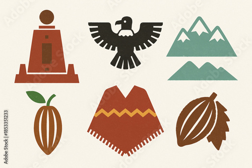 Ecuadorian Heritage Icon Set with Mitad del Mundo, Condor, Andes Peaks, Poncho and Cacao Pod in Vector