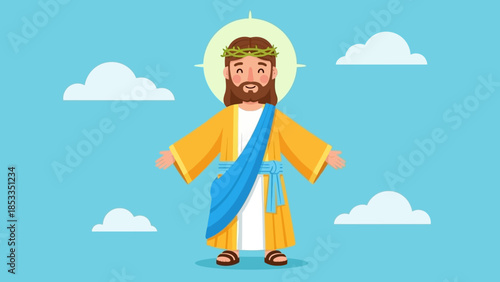 Cartoon illustration of Jesus Christ with a halo and crown of thorns.