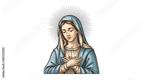 Portrait of Virgin Mary with Halo and Hands Clasped.