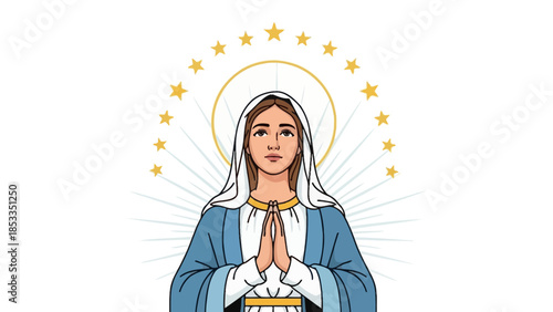 Illustration of Virgin Mary praying with halo and stars.