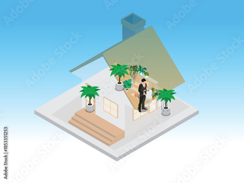 Man Watering Plants in Home Greenhouse 3d vector illustration
