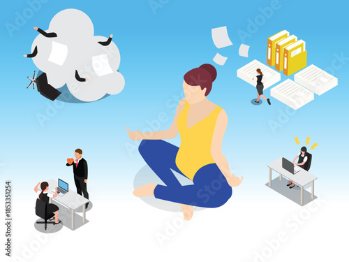 Workplace Stress Management and Mindfulness Meditation 3d vector illustration
