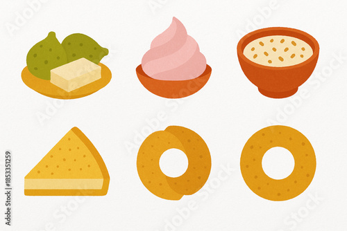 Ecuadorian Dessert Icon Set with Higos con Queso, Espumilla, Arroz con Leche, Quesadilla and Rosca in Vector