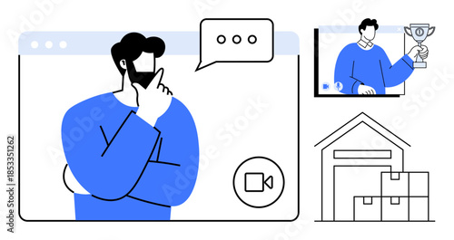 Man thinking during a video call, another participant holding a trophy, and warehouse sketch with boxes. Ideal for remote work, e-commerce, communication, teamwork, logistics, achievements business