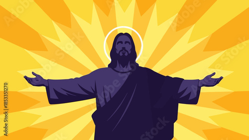 Jesus Christ with open arms radiating divine light.