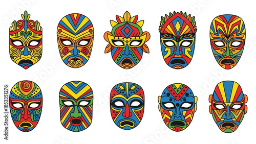 Colorful Vector Illustrations of Traditional Tribal Masks on White Background