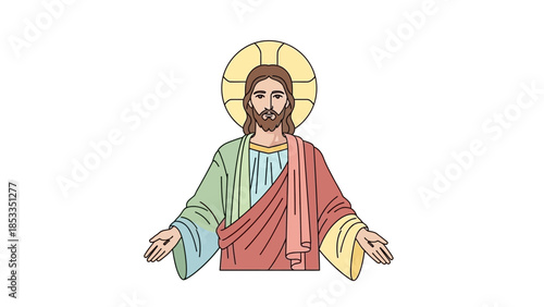 Jesus Christ with open arms and halo illustration.