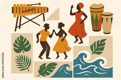 Afro-Ecuadorian Culture Icon Set with Marimba, Drums, Dance, Coastal Waves and Tropical Leaves in Vector