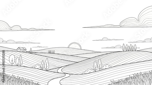 Rolling Hills Landscape with a Winding Path and Distant Farmhouse.