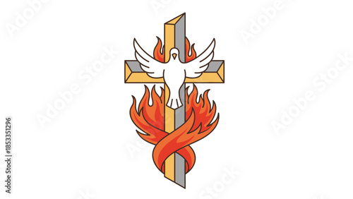 Christian Holy Spirit Dove and Cross with Flames Symbol.