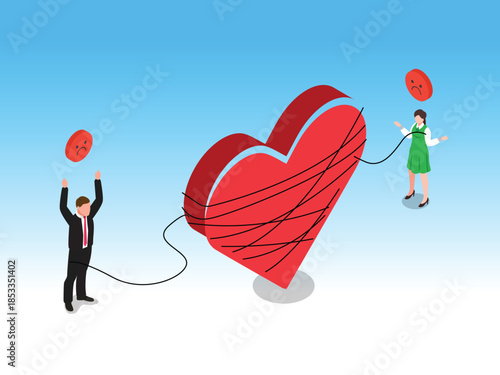 Isometric Concept of Relationship Conflict, Broken Heart, and Emotional Stress 3d vector illustration