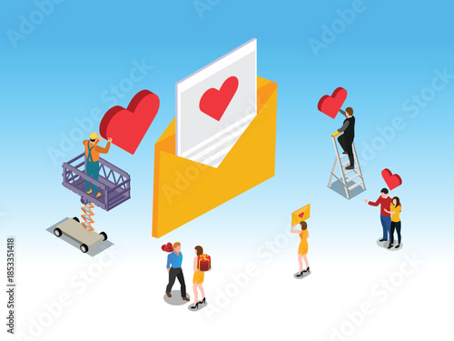 Isometric Concept of Love Letter, Romantic Message and Relationship Support 3d vector illustration