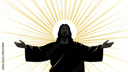 Jesus Christ with open arms radiating divine light.