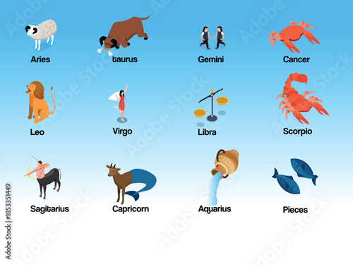 Isometric Zodiac Signs and Astrology Horoscope Icons Set 3d vector illustration