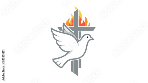 Christian symbol of a dove and a cross with flames.
