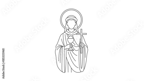 Religious Figure Holding Chalice and Cross Line Art Drawing.