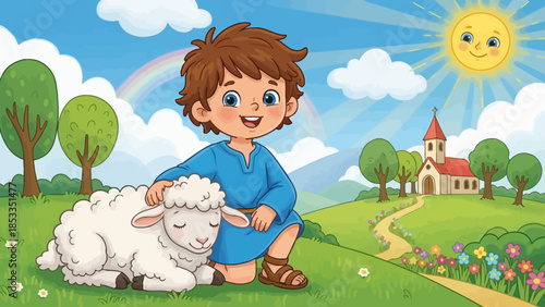 A young boy gently petting a fluffy white sheep in a sunny meadow.