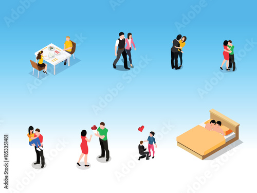 Isometric Romantic Relationship Milestones and Diverse Dating Scenes Set 3d vector illustration
