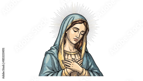 Illustration of Virgin Mary with halo and hands clasped.